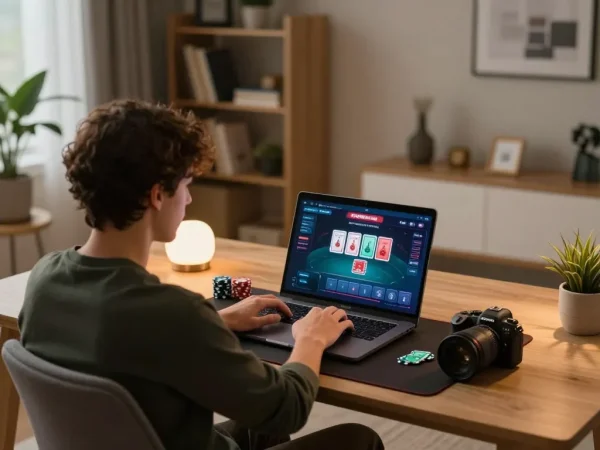 Manclub player engaging in an online poker game at a cozy home office.