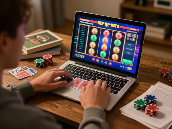 A player strategizing their next move on a link gacor slot game on a laptop, showcasing the excitement of online gambling.