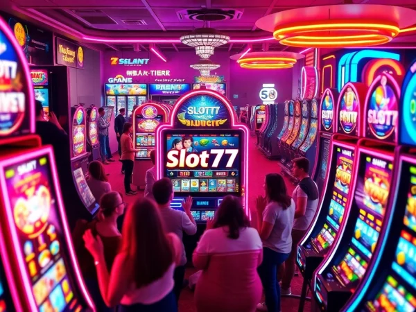 Bermain Slot77 di mesin slot yang ceria dan penuh warna dengan suasana kasino yang meriah.