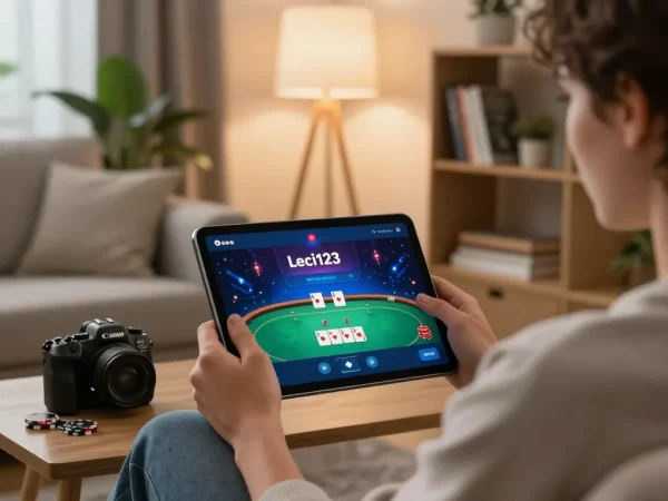 Leci123 player strategizing poker tactics on a tablet in a cozy home setting