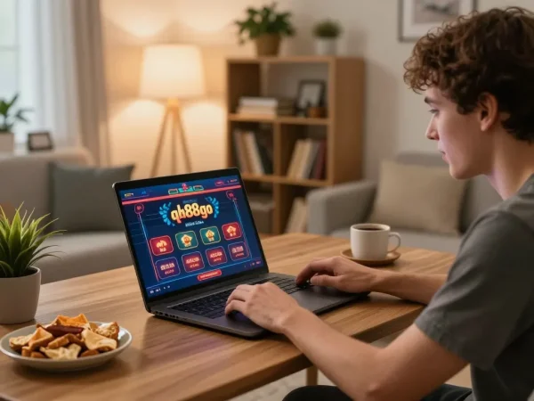Person enjoying online gaming with qh88go on laptop at home setup, snacks nearby, warm lighting.