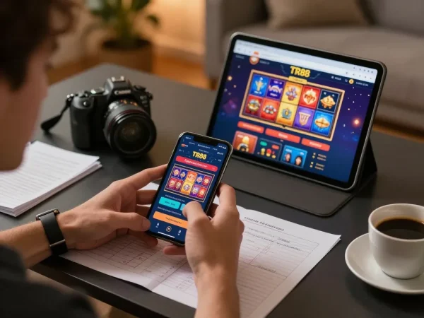 Engaging with TR88 homepage on mobile device while planning strategic bets in a cozy environment.
