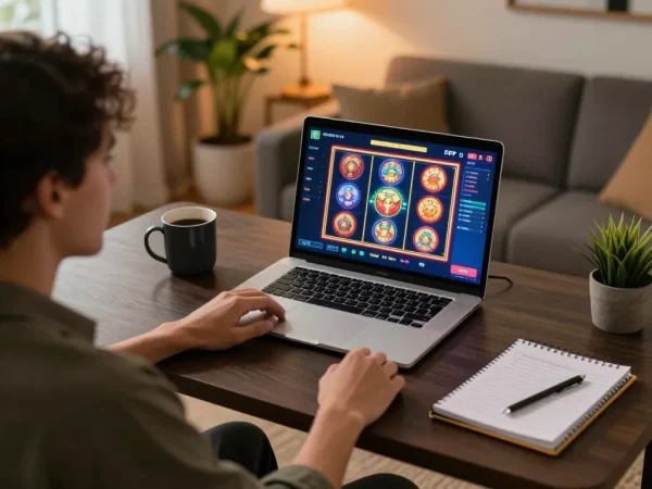 Casinò americani online featuring vibrant slots on a laptop during a cozy gaming session