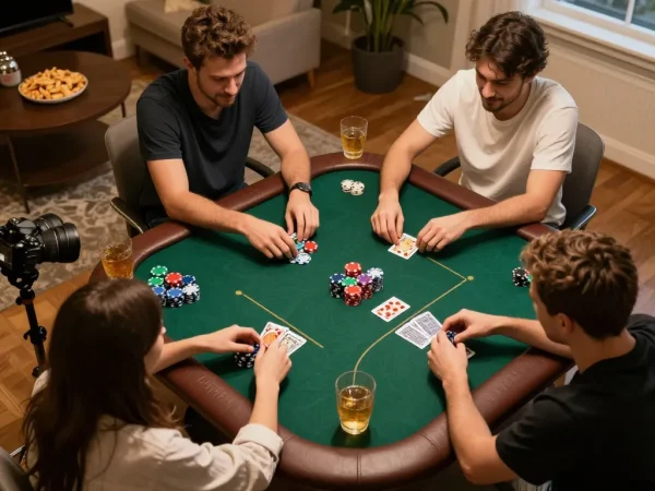 Players strategizing during a home poker night with open888 chips displayed on the table.