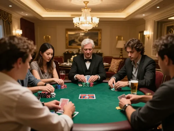 Players strategizing in an upscale poker game at 123b-bm with rich ambiance and competitive spirit.