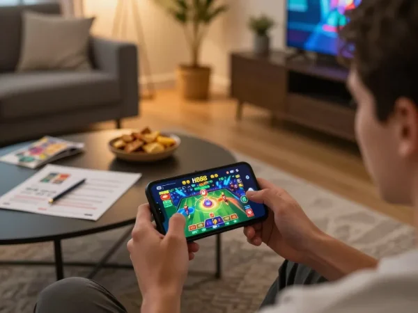 Engaging with the HB88 app on smartphone for online casino gaming in a cozy setting