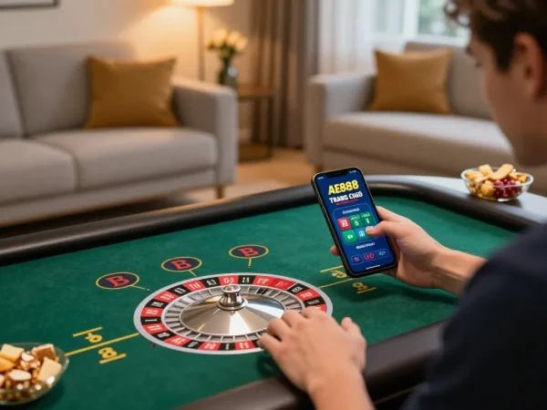 Engaging in online roulette on AE888 TRANG CHỦ app in a cozy home setting.