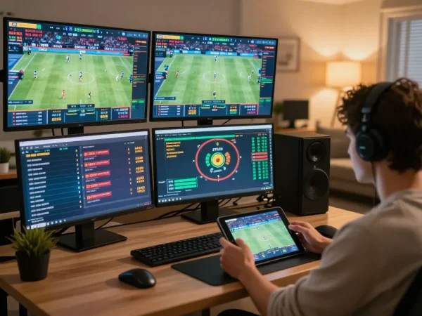Engaged user placing bets on keonhacaii88 sports betting platform with multiple screens displaying live odds.
