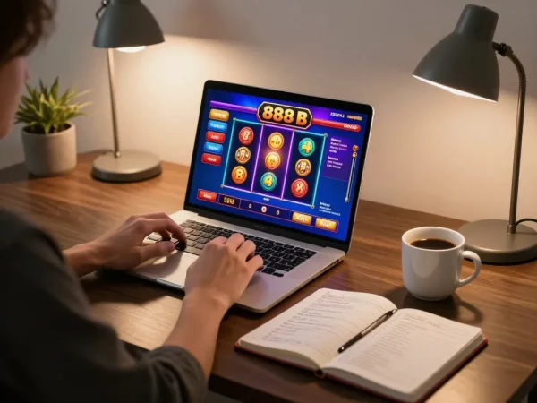 Enjoying online gaming with 888b casino games on a laptop, highlighting a cozy atmosphere.
