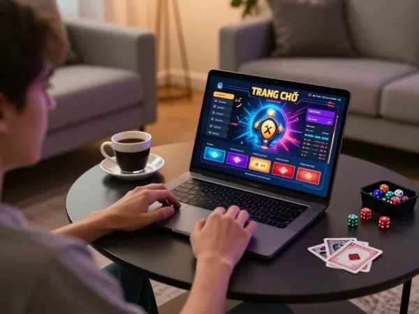 Person playing AE888 TRANG CHỦ on a laptop in a cozy home setting.