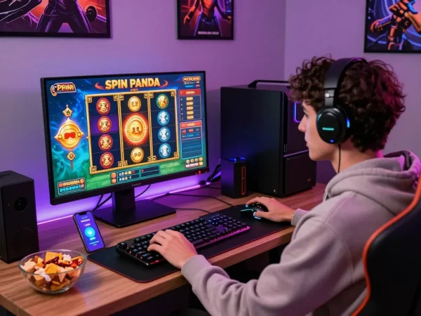 Exciting scene of a player enjoying online casino spin panda with vibrant slots and gaming gear.