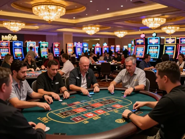 Players engaging in thrilling casino gameplay at Las Vegas tables for link gacor, showcasing strategic bets and vibrant atmosphere.