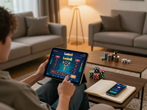 Trải nghiệm chơi game hấp dẫn trên ứng dụng lucks8 trong một không gian ấm cúng với ghi chú chiến lược và chip.
