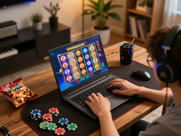Engaging online casino gameplay at home with 58wiin on laptop screen, showcasing a vibrant slot game.