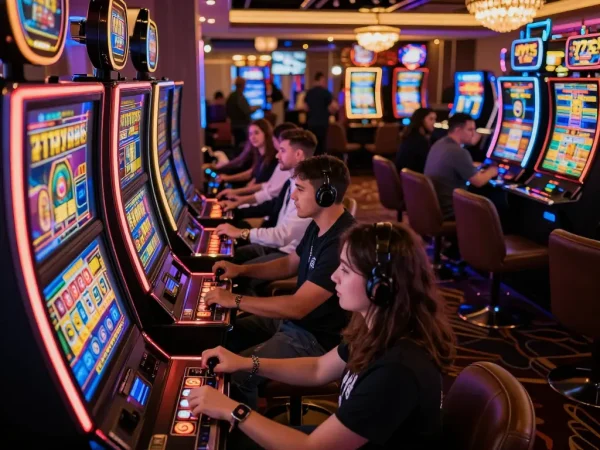 Players engaging with vibrant slot777 machines in a lively casino atmosphere.