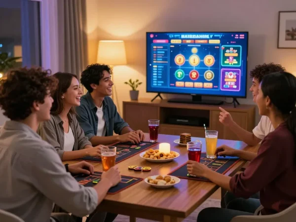 Engaging scene of friends playing casinò online non aams con neteller on a tablet at home, illustrating the fun of online gaming.