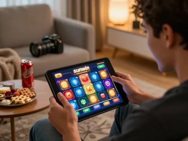 Player enjoying sunwin online gambling experience on a tablet in a cozy home setting.