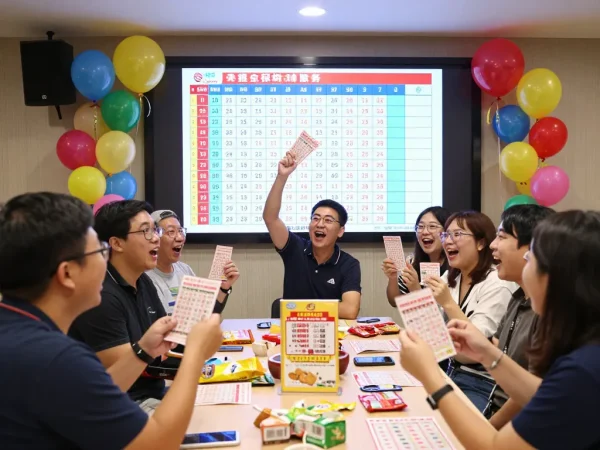 Excited players celebrating Hongkong Lotto live draw with colorful tickets and festive atmosphere.