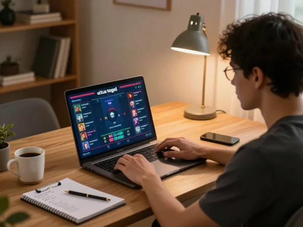 Pemain situs togel terlibat dalam strategi permainan online dengan laptop dan catatan.