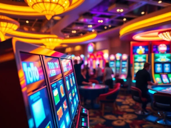 Pemain menikmati permainan toto slot di mesin dengan cahaya berkedip yang menarik.