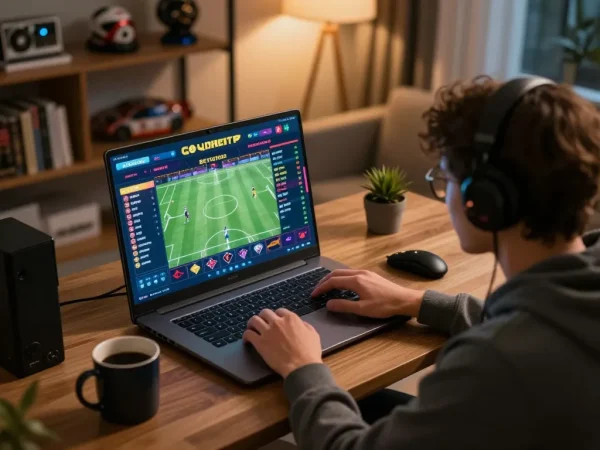 Cakhiatv user engaging in online sports betting from home, showcasing a modern gaming setup with dynamic visuals.