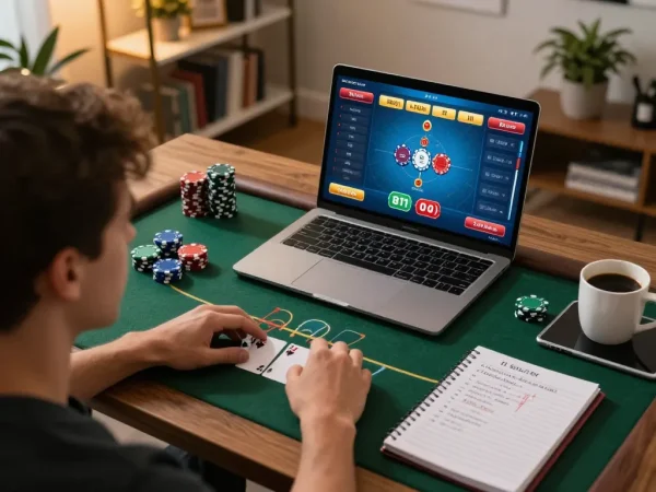 uu88 player engaging in strategic online poker game from home setup with chips and notes