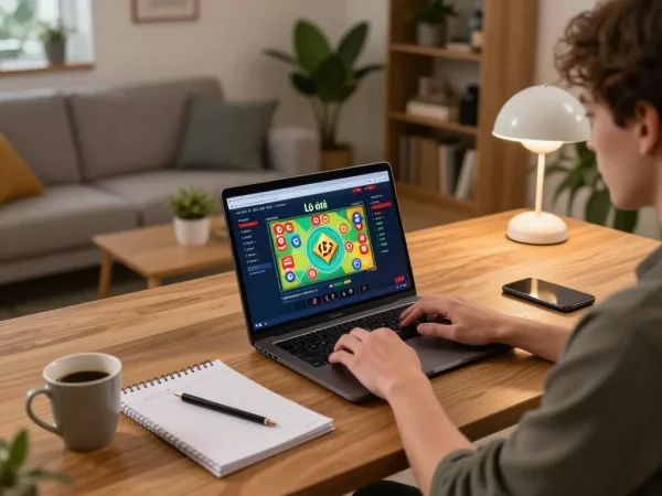 Lô đề online gaming setup with player using laptop and strategy notes in cozy home environment.