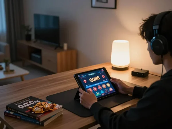 Engaged player enjoying qq88 online casino gameplay on tablet in a cozy home setup.