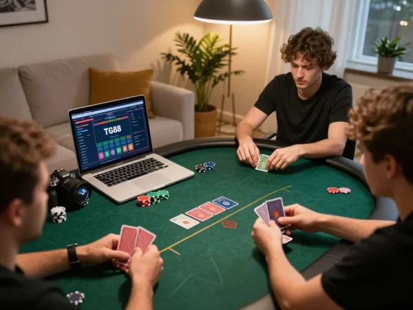 Engaged players participating in a TG88 online poker game, showcasing intense gameplay and a stylish home atmosphere.