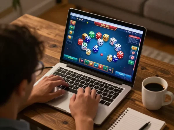 Engaging online game tài xỉu gameplay on laptop screen, with colorful dice rolling and player analyzing notes in a cozy atmosphere.