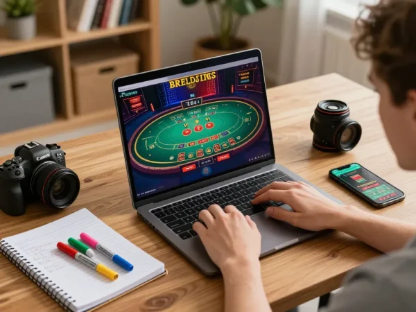 Pemain Bintangmpo terlibat dalam permainan dealer langsung online di laptop, menunjukkan permainan yang strategis.