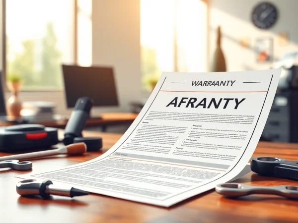 Visual representation of transparent warranty coverage document amidst auto repair tools, enhancing trust.