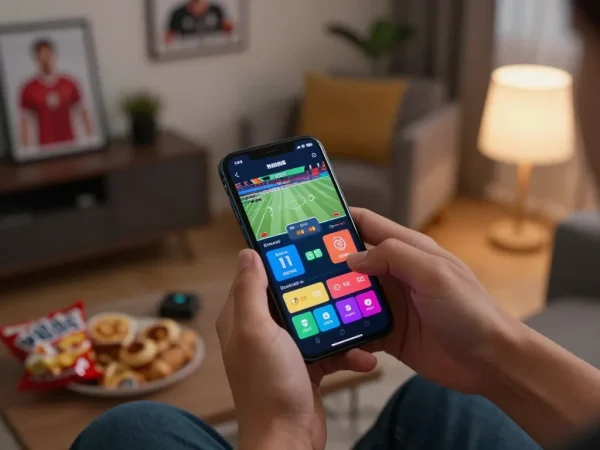 Engaging sports betting action on KK55 app while enjoying a cozy home ambiance.