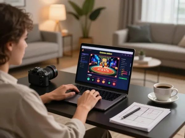 Engaging scene of a person playing casino online esteri on a laptop in a cozy home setup, with strategy notes and coffee.