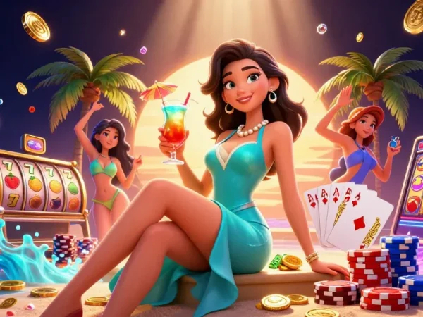 Engage in slot gacor excitement with a glamorous woman in a casino scene full of vibrant gaming elements.