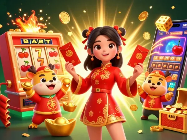 Experience the thrill of RUANGWD with vibrant casino elements and festive characters in a dynamic gambling scene.
