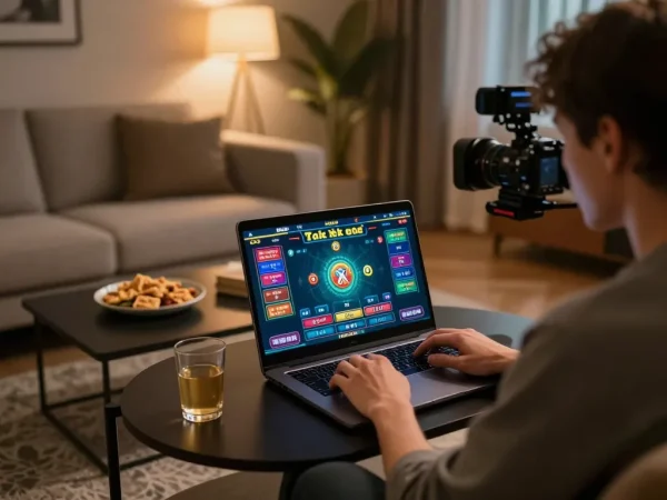 Engaging gameplay of tai xiu online on a laptop in a cozy living room, showcasing vibrant game interface and inviting atmosphere.