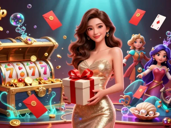 Engage with superjp in a festive casino scene featuring a beautiful Asian woman holding coins, slot reels, and vibrant decorations.