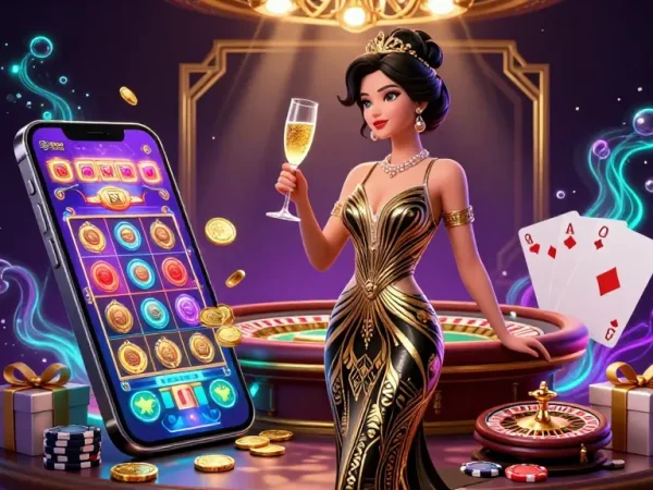 The vibrant 23Win app illustration captures a glamorous casino atmosphere, showcasing a stylish Asian woman and dynamic gaming elements.