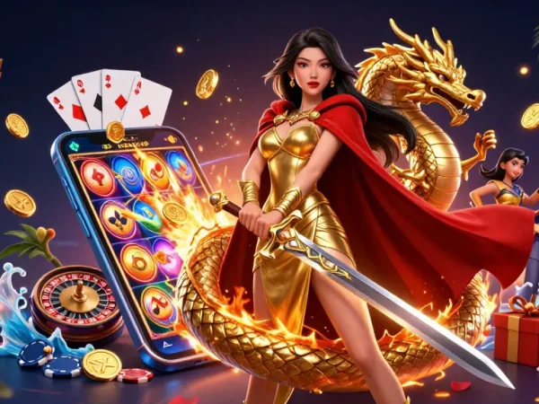 Betting on kết quả bóng đá with a gorgeous Asian warrior queen and golden dragon amidst vibrant casino elements.
