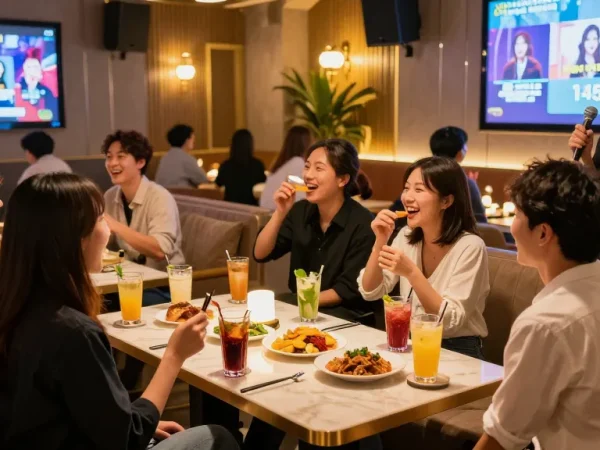 Engaging scene at 인천쓰리노 with friends enjoying private karaoke and unique nightlife.