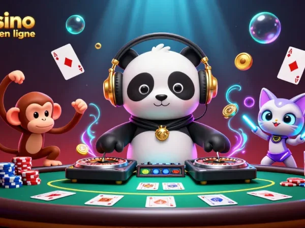 Scène engageante mettant en scène un panda DJ, un singe dansant et un chaton rave célébrant un casino fiable en ligne.