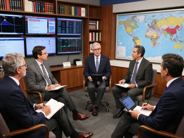 Panel of experts discussing From Sanctions to Strikes at a news studio with digital data displays.