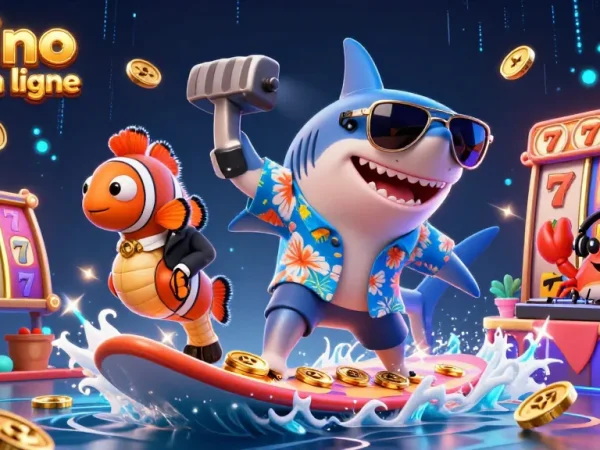 Plongez dans le monde exaltant des casinos fiables en ligne avec cette illustration 3D dynamique d'un requin chevauchant des pièces d'or.