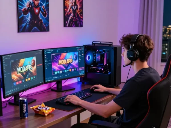 Exploring MOD APK titles in a dynamic gaming setup with colorful lighting and snacks.