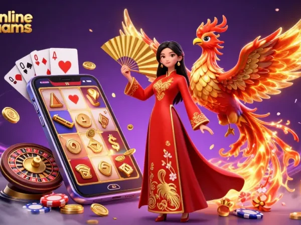 Vivi l'emozione dei casinò online non aams con un'immagine vibrante di una donna tradizionale e di una fenice, elementi di gioco dinamici.