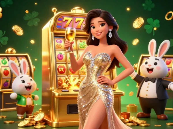Experience excitement at Fly88 with a glamorous woman toasting beside a jackpot slot machine in a dynamic casino scene.