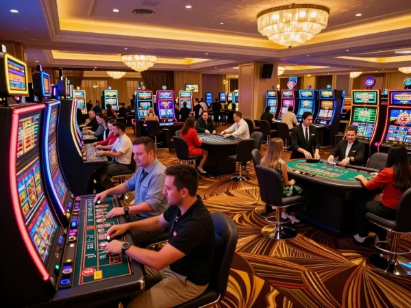 Pemain menikmati sensasi mesin slot di kasino Paris888, lampu yang cerah menciptakan suasana permainan yang menarik.