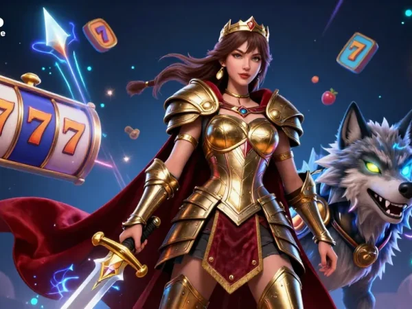 Vivez une action palpitante au casino fiable en ligne avec une illustration 3D vibrante mettant en scène une reine guerrière et son loup armuré.