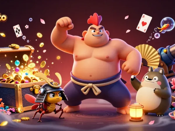 Experience thrilling action with kenzototo in a vibrant sumo wrestling themed scene filled with gold coins and treasures.